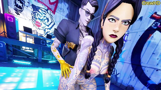 Fortnite cosplay tattooed purple-haired girl groped by pale guy