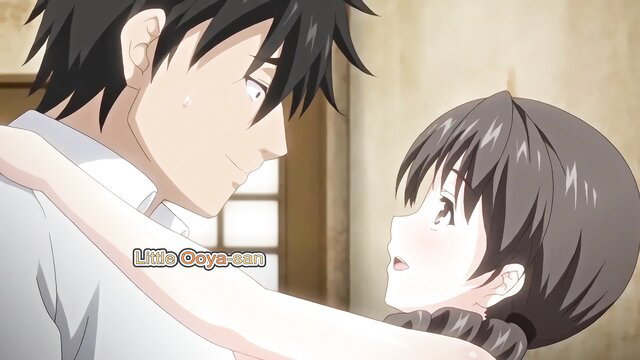 Petite anime girl hugged by tall man in Little Ooyasan hentai