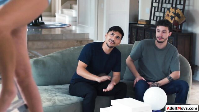 Step-mom no panties teases two guys on couch in hot taboo scene