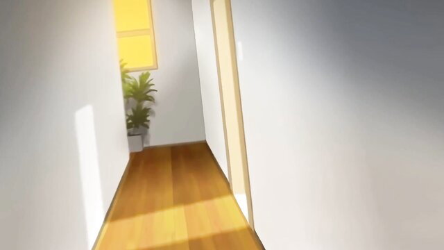 Hentai stepsister in sunlit hallway, cel-shaded anime girl