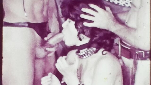 Retro leather threesome with woman sucking cock, BDSM collar