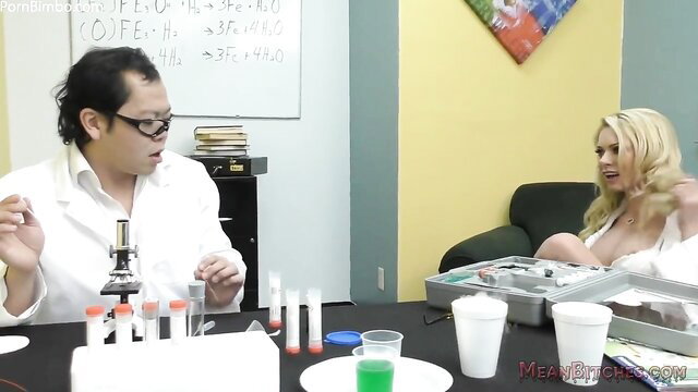 Briana Banks blonde bombshell with Asian prof in lab coat MeanBitches