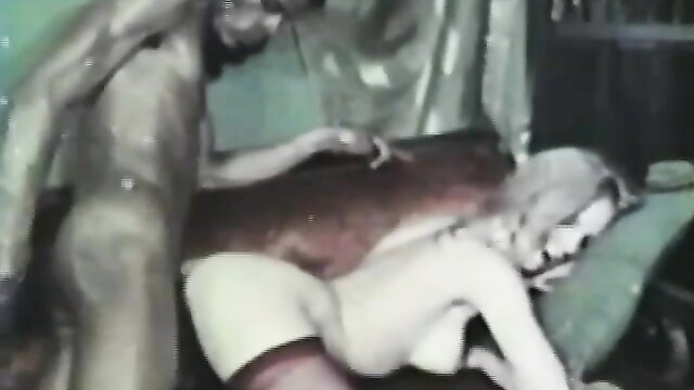 Vintage threesome with blonde on bed, black man thrusting