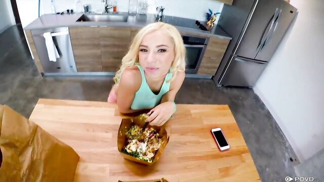Kenzie Reeves in tight teal top holds food POV kitchen tease
