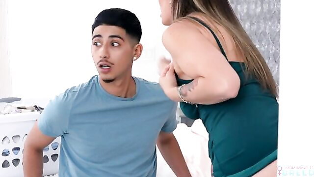 Busty mom grabs daughter's boyfriend in tight dress tease