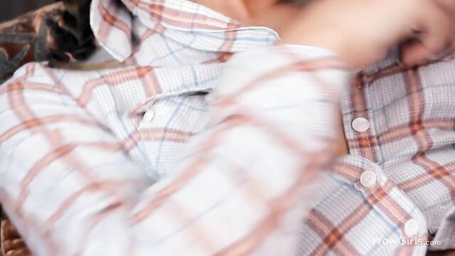 18 year old babe in plaid shirt staying alone solo tease