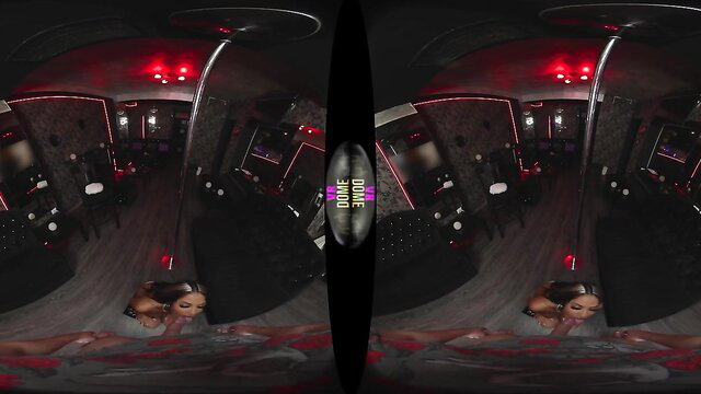 Hot black babe in red lingerie on stripper pole in dim club