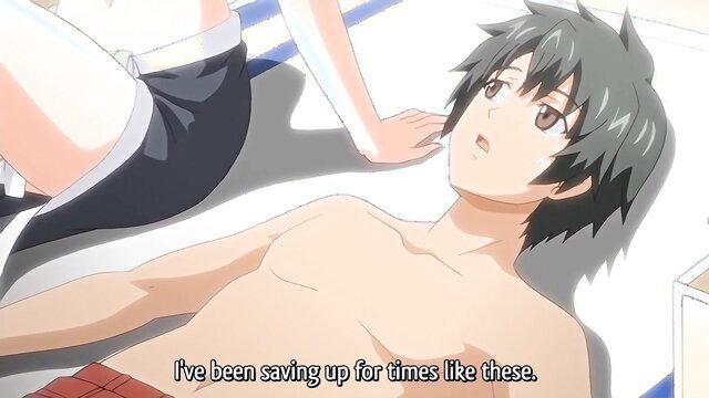 Busty anime girl teases shirtless guy in bikini on beach