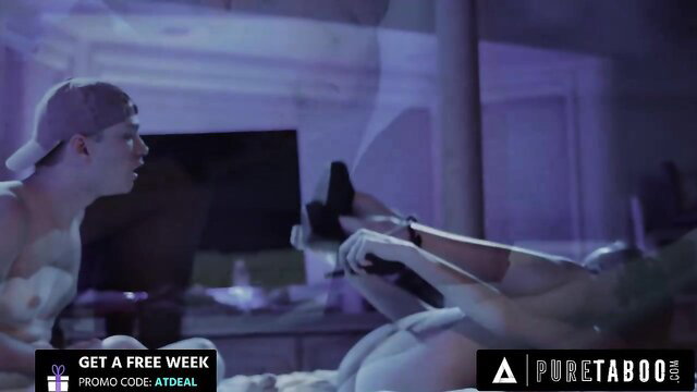 Kyler Quinn topless with Alex Jett gaming on bed Pure Taboo creampie