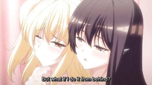 Blonde and black-haired anime girls whispering intimately in hentai scene
