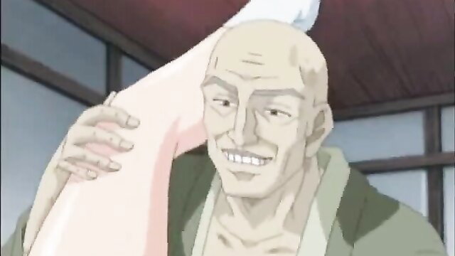 Bald old Japanese man groping huge tits of young hentai girl