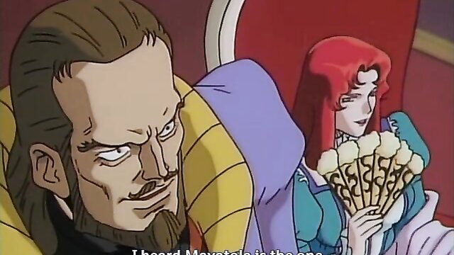 Intense bearded man glares at seductive redhead witch holding cream puffs in hentai dungeon