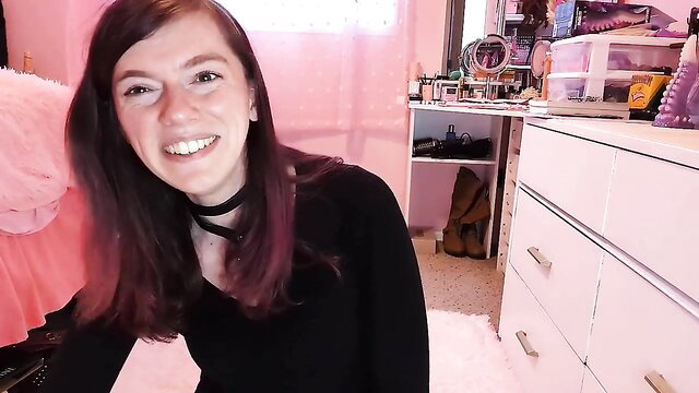 POV cute trans step-sister with pink bedroom smiles at camera