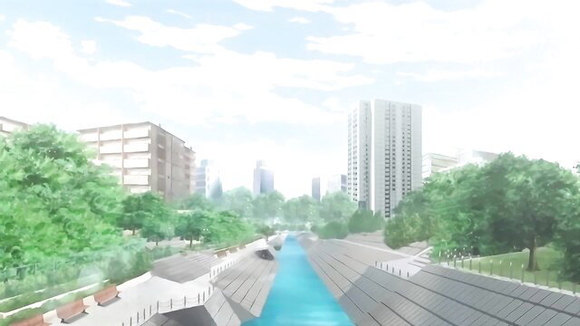 Sakuramiya Sisters hentai gangbang orgy in urban park canal scene