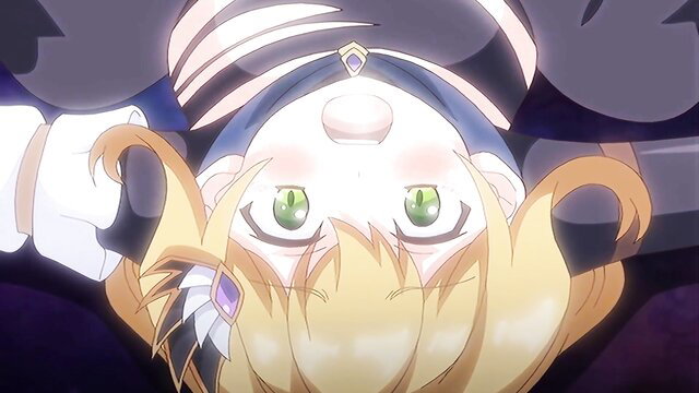 Blonde busty anime heroine upside down, green eyes, bound tits squeezed