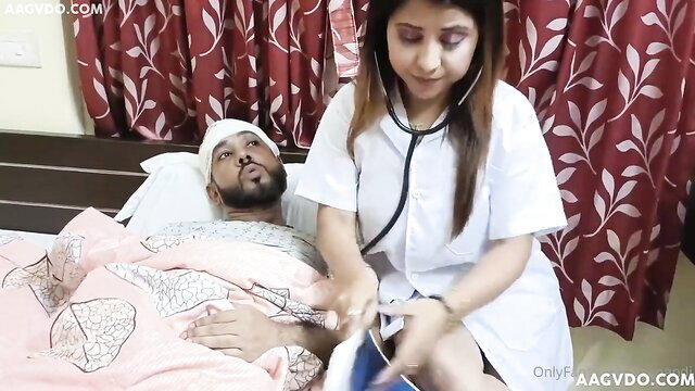 Indian hot nurse checks patient with stethoscope in bed