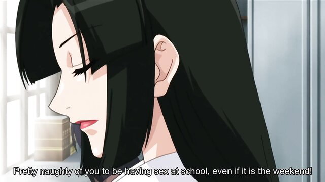 Black-haired anime girl naughty school sex smile, hentai threesome tease