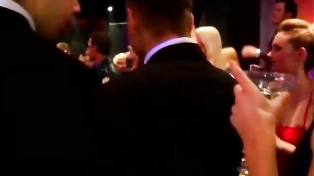 Drunk MILF orgy party with hot blondes in red dresses flashing fingers