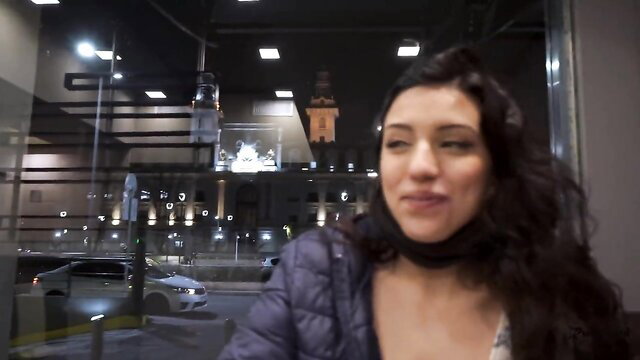 Valentina Love Latina in puffy jacket at night city view McDonald's