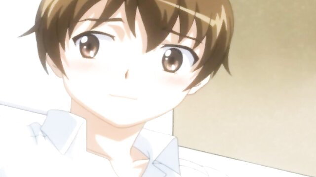 Cute anime boy with brown hair smiles innocently in hentai sex slave preview