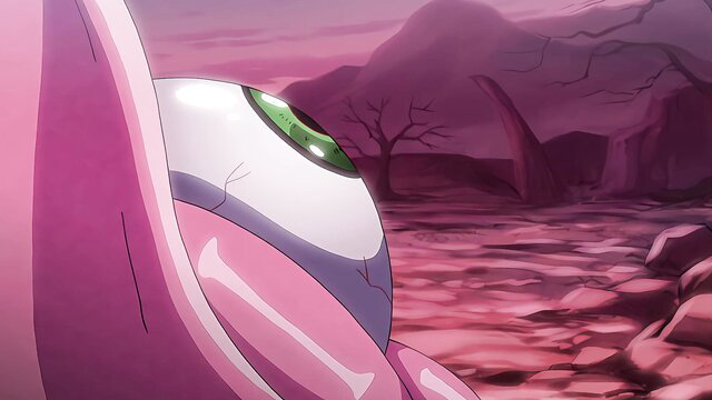 Busty pink hentai succubus eye closeup in eerie purple rocky landscape