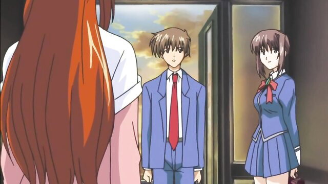 Busty redhead milf with 2 girls and suited boy in hentai school scene