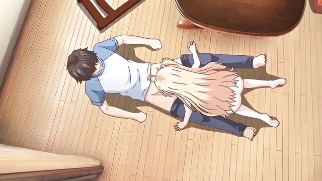 Busty blonde hentai teen sister straddles bro on floor