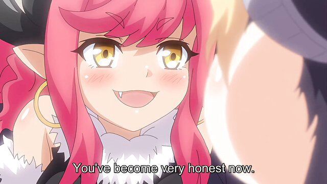 Pink-haired elf nun Annie Charlotte smiles blushing in hentai exorcist scene