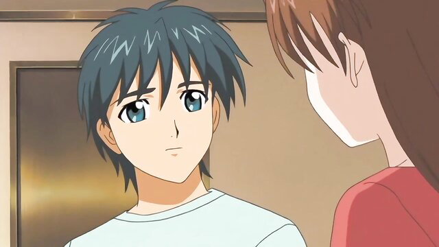 Anime guy talks to hentai girl with brown ponytail indoors