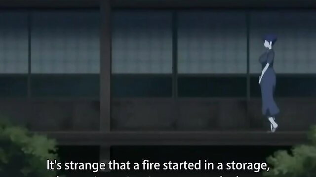 Anime woman in dark dress stands by window in eerie storage fire scene