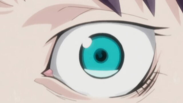 Closeup of busty anime spy's glowing blue eye in Rei Zero hentai