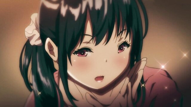 Cute anime girl with big eyes and ponytail smiles seductively