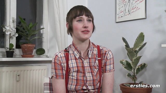 Cute German amateur Marlin in suspenders smiles teasingly