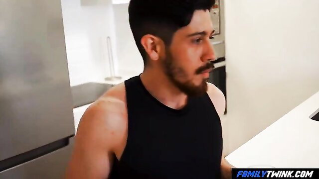 Hot Latino stepson in black tank top in kitchen, gay taboo tease