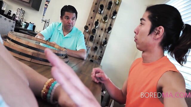 Natasha Nice with stepson and friend at table in hot taboo setup