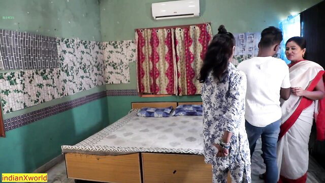 Indian MILF sasuma in saree with young couple in bedroom hookup