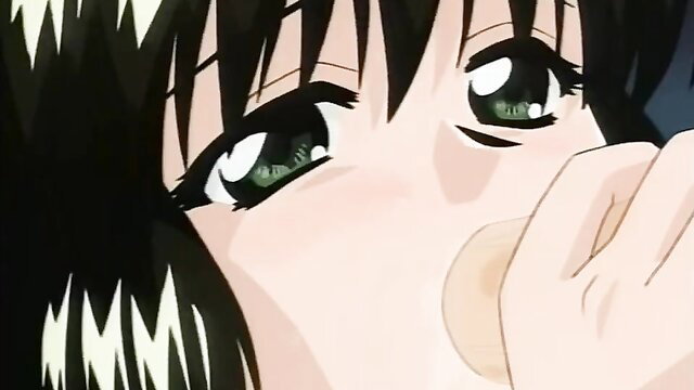 Anime teen girl with huge green eyes sucking finger closeup