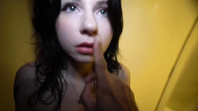 Wet brunette teen licks finger post-shower, stepdad's hand on her bare tit