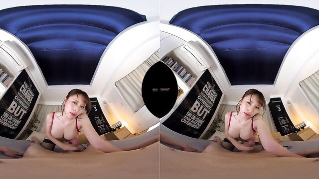 Petite Japanese babe with massive tits in red lingerie VR porn