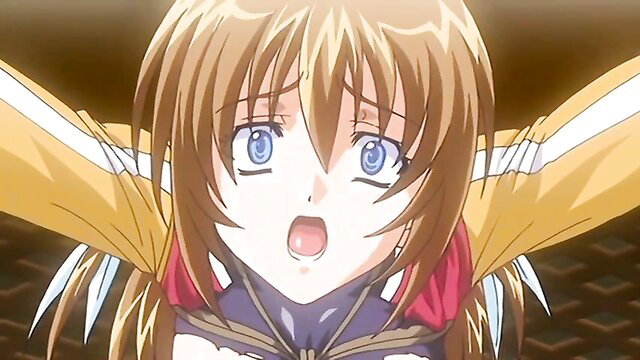 Blonde anime class president bound with wings, mouth open in ecstasy