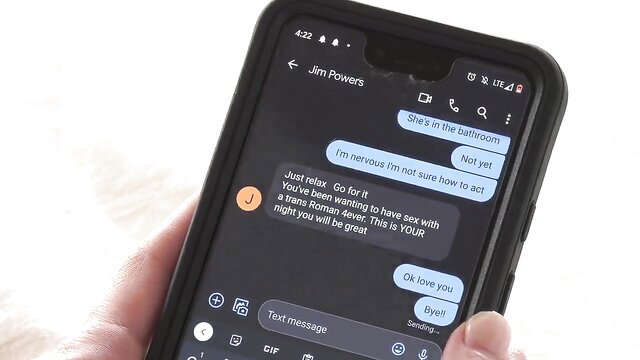 Jade Venus sexts Jim Powers nervously from bathroom before sex