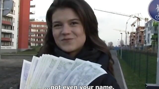 Petite 18yo nympho holds cash, smiles in public outdoor amateur scene