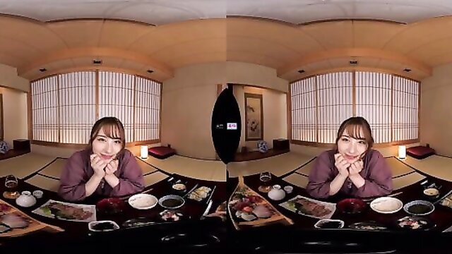 Cute Japanese amateur babe in kimono at tatami dinner, POV tease