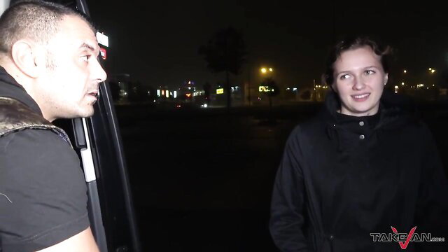 Eli chats up busty Angelica Cruz by van at night, big tits ass tease