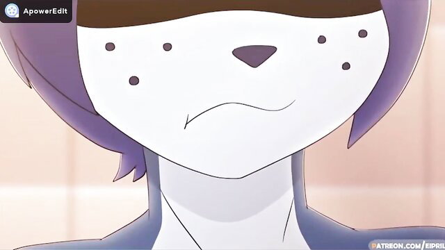 Blindfolded purple-haired furry girl with freckles pouts cutely