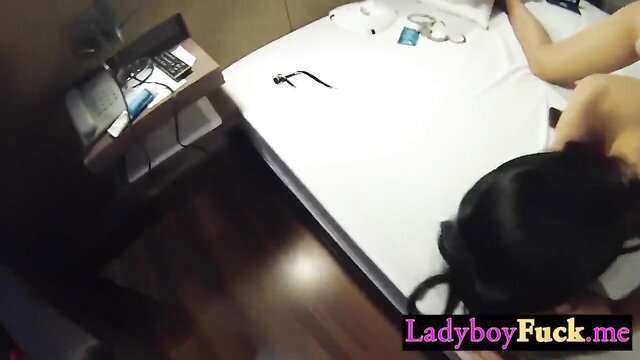 Perverted client drilling tight Asian ladyboy ass on bed