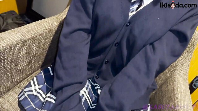 Pigtail freshman in school uniform sits legs spread for kinky creampie