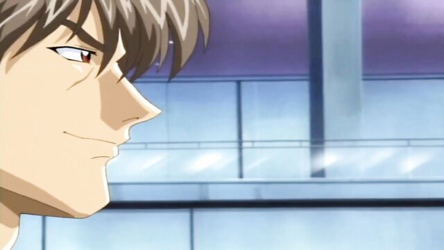 Handsome anime guy with sharp red eyes smirking sideways in JAV scene