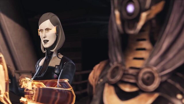 Sci-fi AI woman in tight suit with orange robot alien, Mass Effect style thumbnail