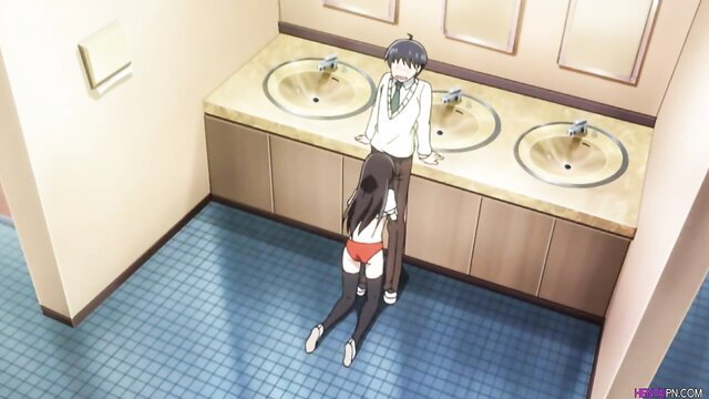 Anime hentai girl on knees blowing guy in school bathroom uncensored